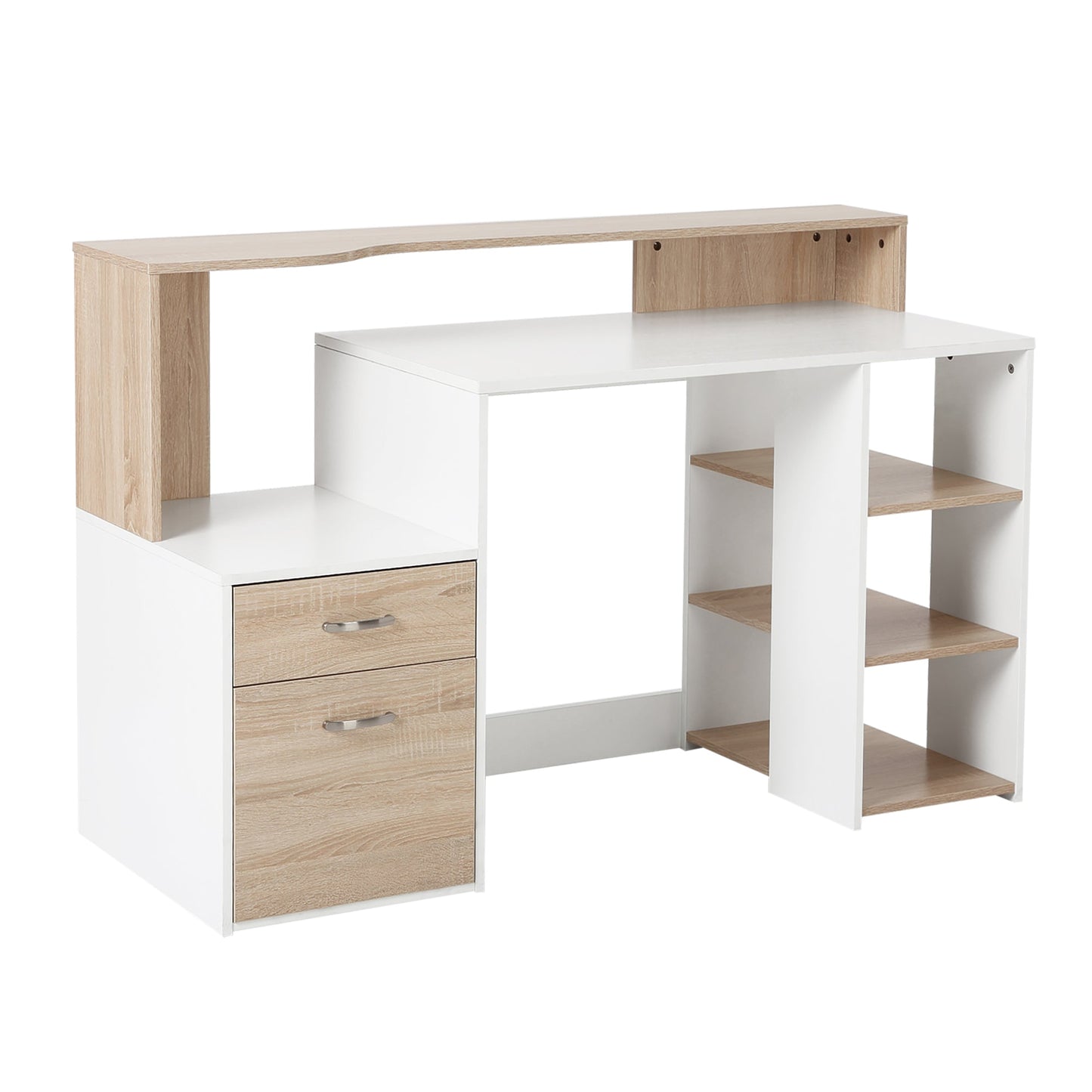 White and Wood Desk Wooden Computer Desk 140Lx55Dx92H cm Modern Home Office Writing Workstation Furniture Printer Shelf Rack Storage Drawer & Shelves