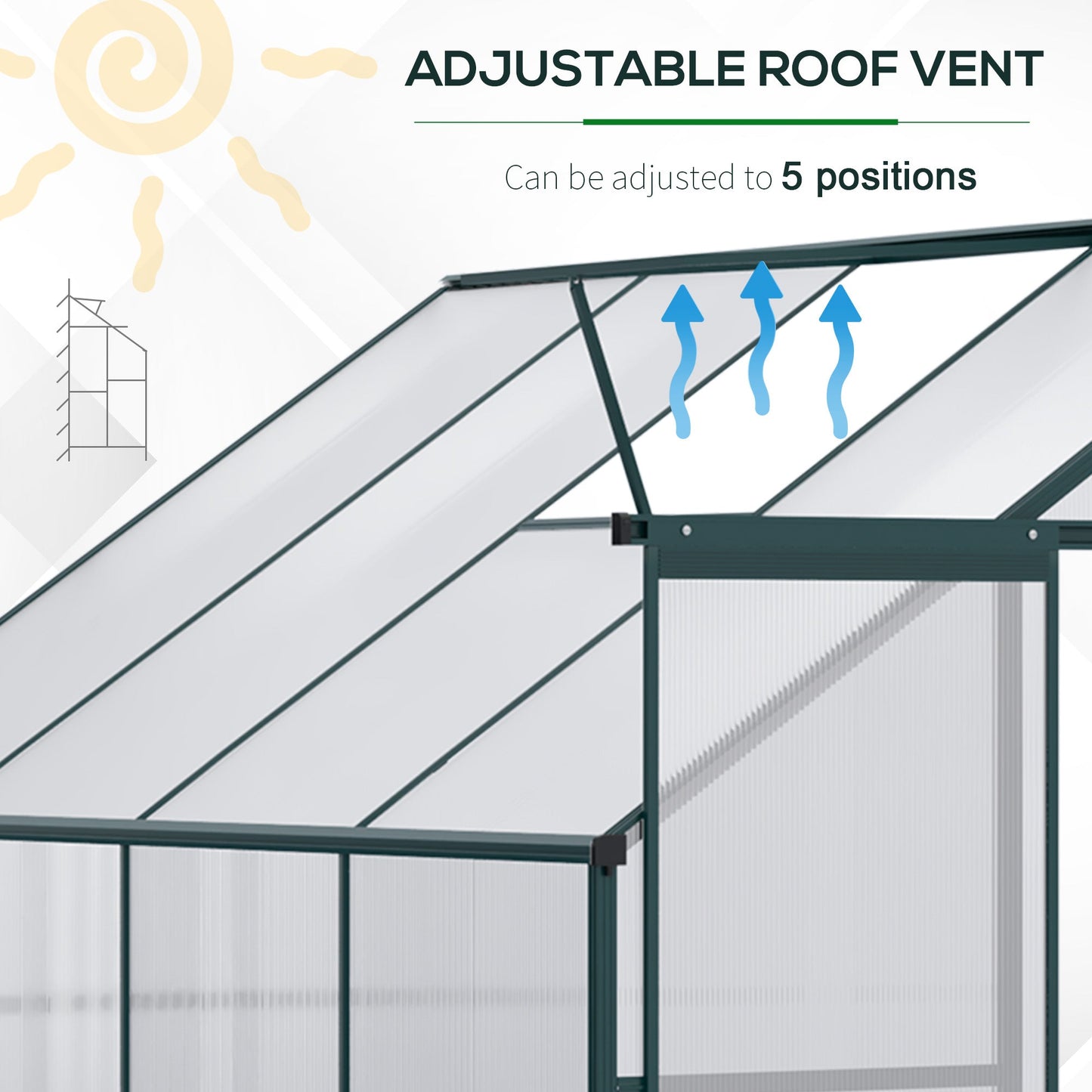 Walk-In Lean to Greenhouse Garden Heavy Duty Aluminium Polycarbonate with Roof Vent for Plants Herbs Vegetables, Green, 253 x 127 x 220 cm