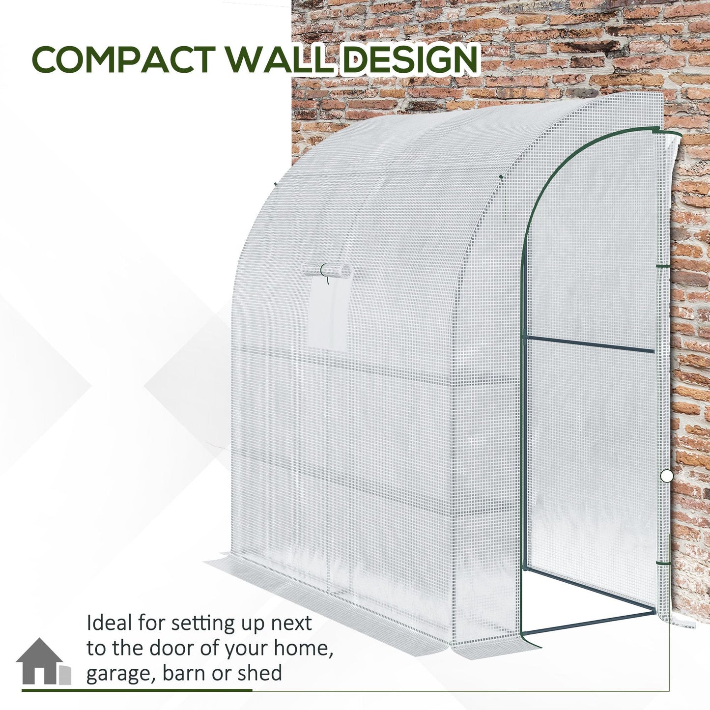 Walk-In Lean to Wall Greenhouse with Windows and Doors 2 Tiers 4 Wired Shelves 200L x 100W x 213Hcm White