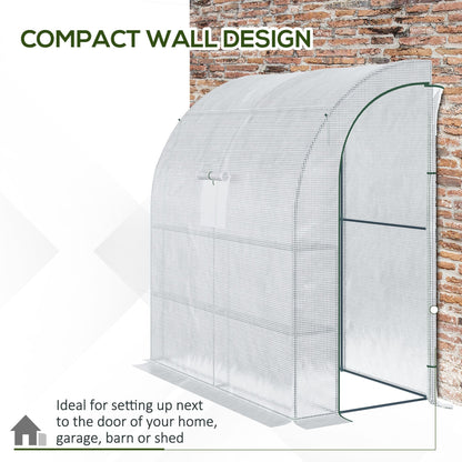 Walk-In Lean to Wall Greenhouse with Windows and Doors 2 Tiers 4 Wired Shelves 200L x 100W x 213Hcm White