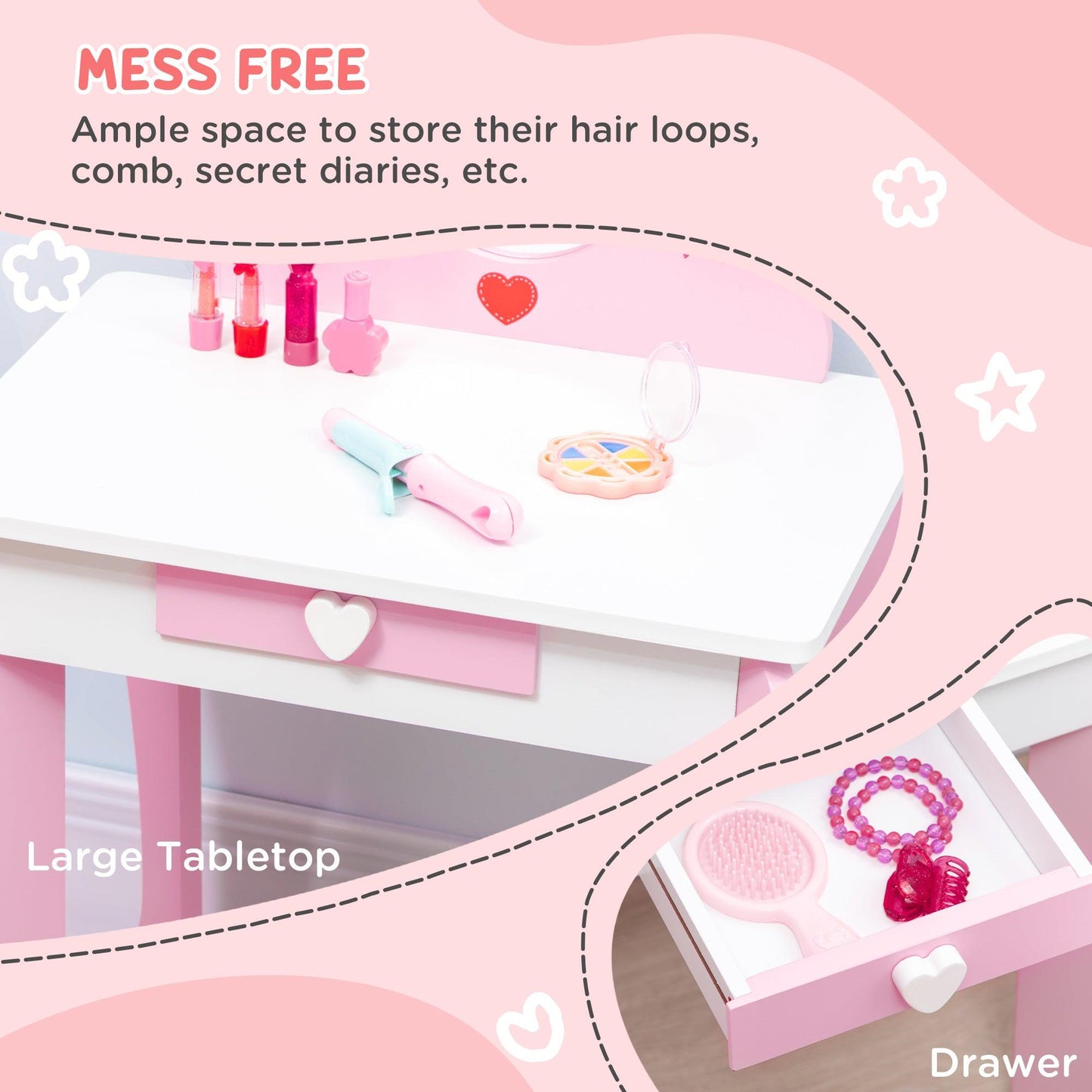 ZONEKIZ Kids Vanity Set w/ Mirror, Drawer, Cute Patterns, for Girls - Pink