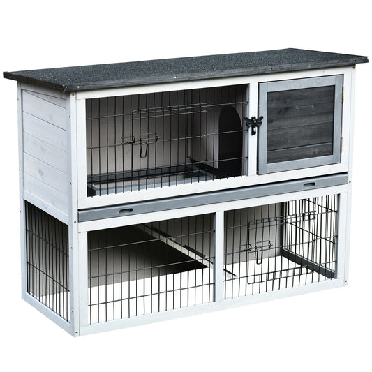 PawHut Small Animal Two-Level Fir Wood Hutch w/ Slide Out Tray Grey