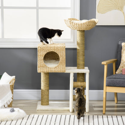 PawHut Cat Tree for Indoor Cats Kitten Tower Cattail Weave with Scratching Posts, Cat House, Bed， Washable Cushions Natural, 57 x 37 x 100.5 cm