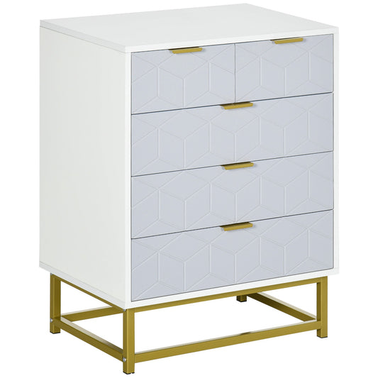 HOMCOM Modern Chest of Drawers, 5-Drawer Storage Organizer Unit with Golden Effect Steel Base for Bedroom, Living Room, Natural, White