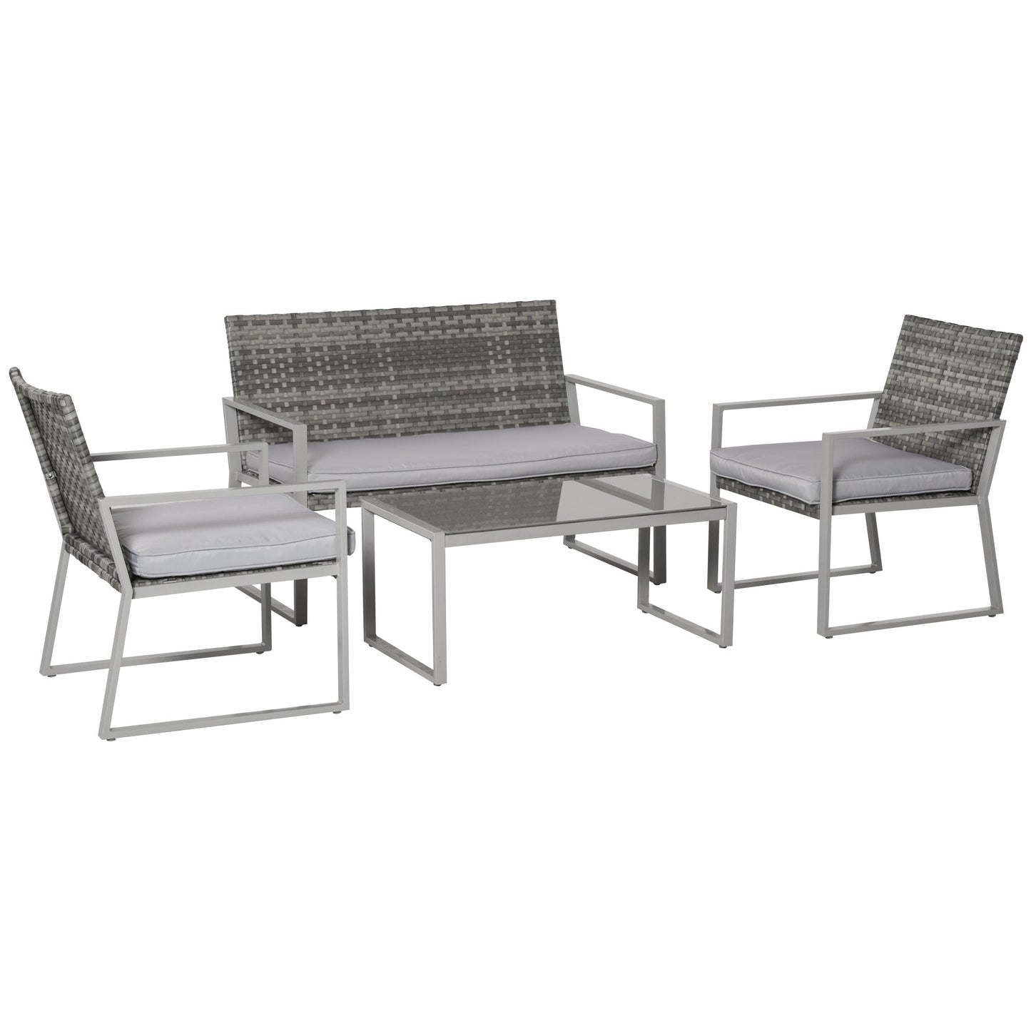 Outsunny 4 Seater Rattan Set 2 Single Sofa Armchairs and 1 Bench with Cushions & Coffee Table - Mixed Grey