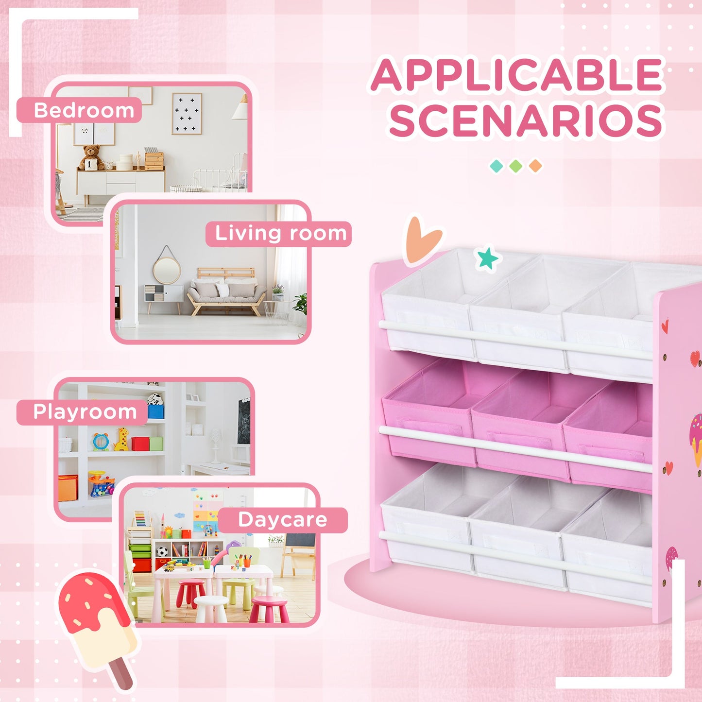 ZONEKIZ Kids Storage Unit with 9 Removable Storage Baskets, Toy Box Organiser with Shelf, Book Shelf for Nursery Playroom, Pink