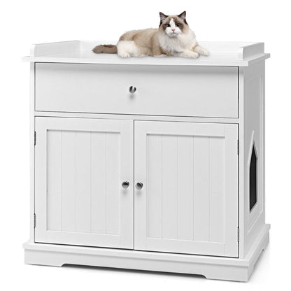 Large Wooden Cat Litter Box Hidden Washroom Toilet with Drawer-White