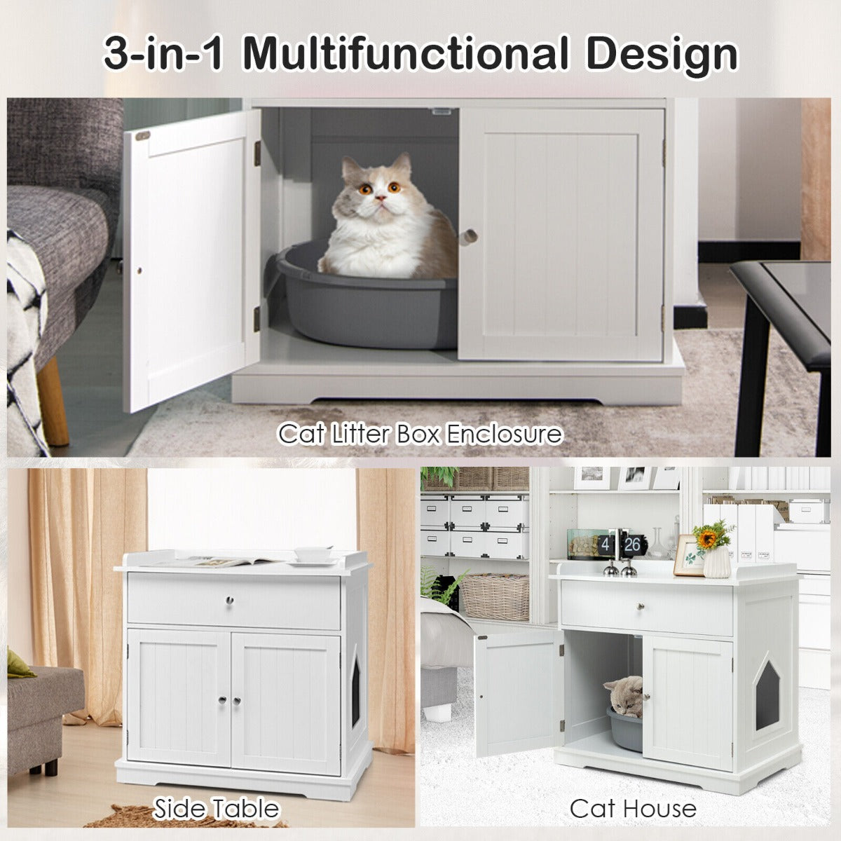 Large Wooden Cat Litter Box Hidden Washroom Toilet with Drawer-White