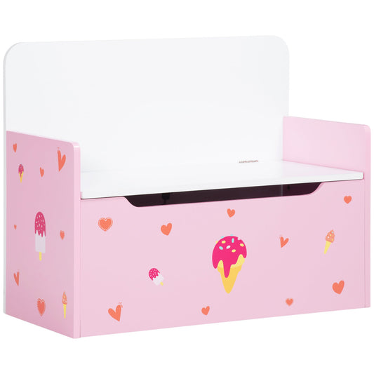 ZONEKIZ 2-IN-1 Wooden Toy Box, Kids Storage Bench Toy Chest with Safety Pneumatic Rod, Cute Pattern, Pink