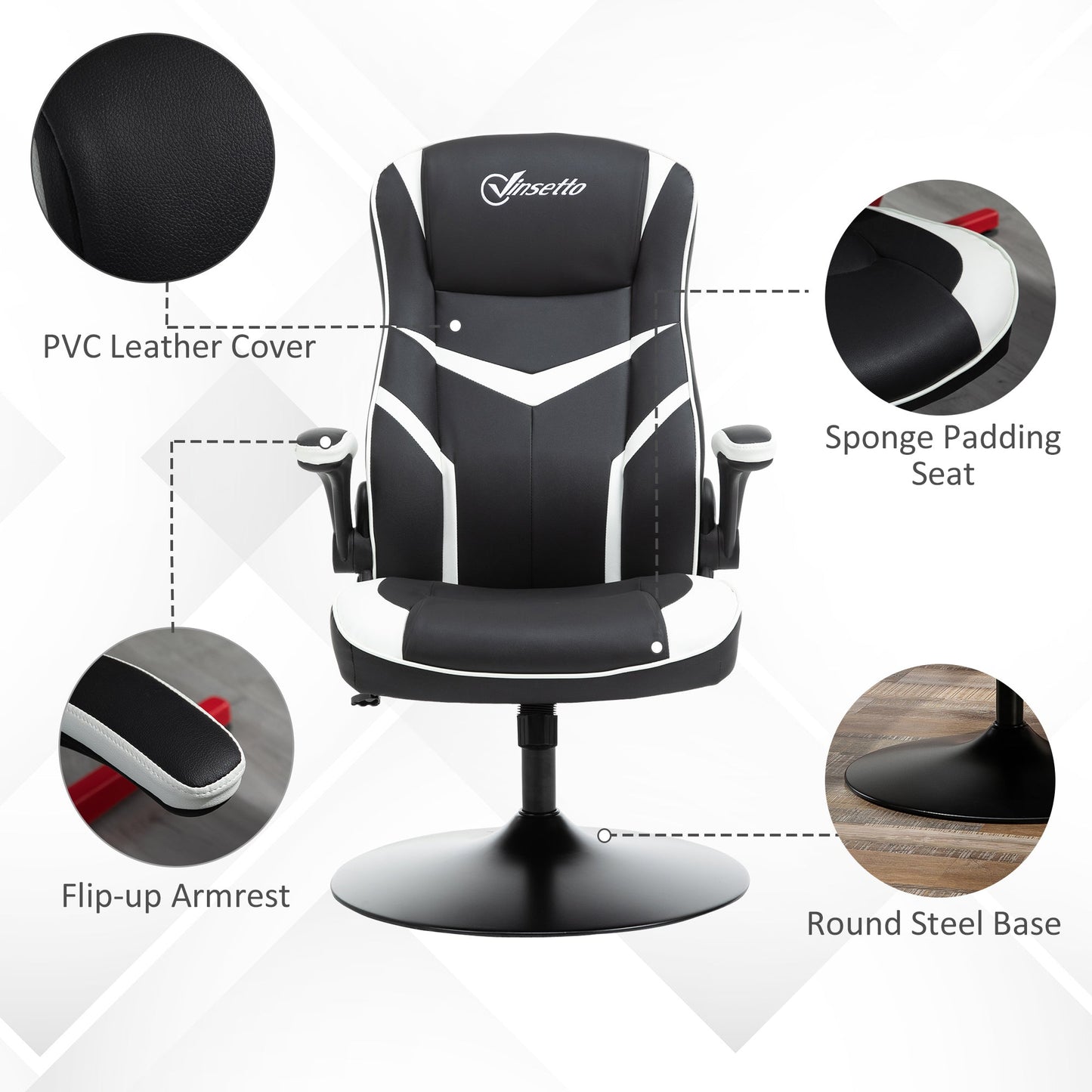 Vinsetto Gaming Chair Ergonomic Computer Chair Home Office Desk Swivel Chair w/ Adjustable Height Pedestal Base PVC Leather, Black & White