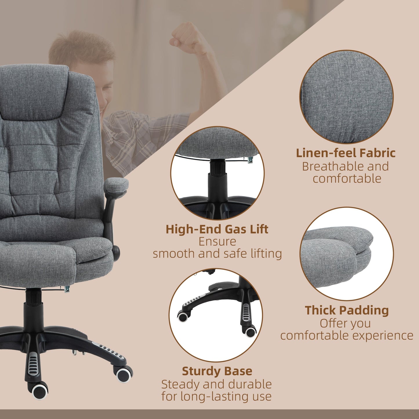 Vinsetto Massage Recliner Chair Heated Office Chair with Six Massage Points Linen-Feel Fabric 360Â° Swivel Wheels Grey