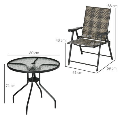 Outsunny 5 Pieces PE Rattan Dining Sets, 80cm Round Glass Top Garden Dining Table with Umbrella Hole, Outdoor Folding Armchair for Outdoors, Camping, Mixed Grey