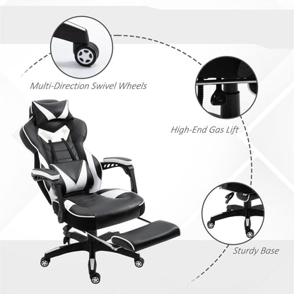 Vinsetto PU Leather Gaming Chair with Footrest and Headrest - White/Black