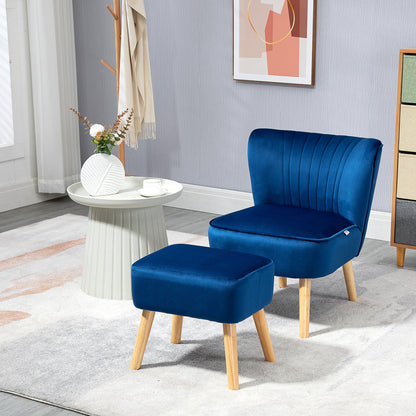 Velvet-Feel Tub Chair and Footstool - Blue