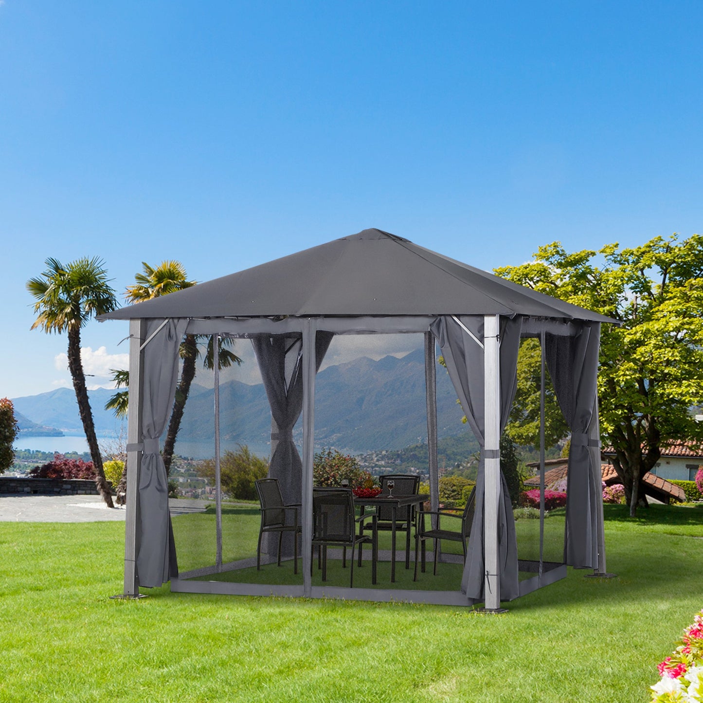 Outsunny 3(m) x 3(m) Garden Outdoor Soft Top Gazebo Steel Frame w/ Zipped Mesh Curtain Sidewalls Garden Sun Shelter Wedding Party Tent - Grey