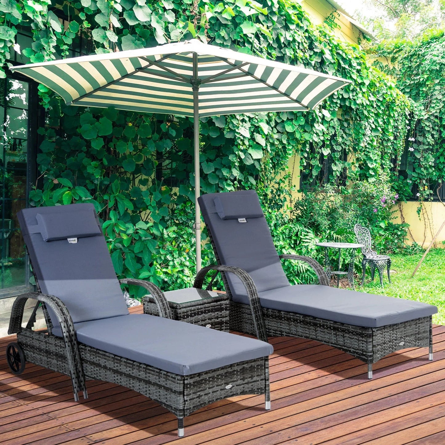 Outsunny 3 Pieces Rattan Sun Loungers, Garden Wicker Wheeling Recliner , PE Rattan Lounge Chairs w/ Cushions & Side Coffee Table Grey