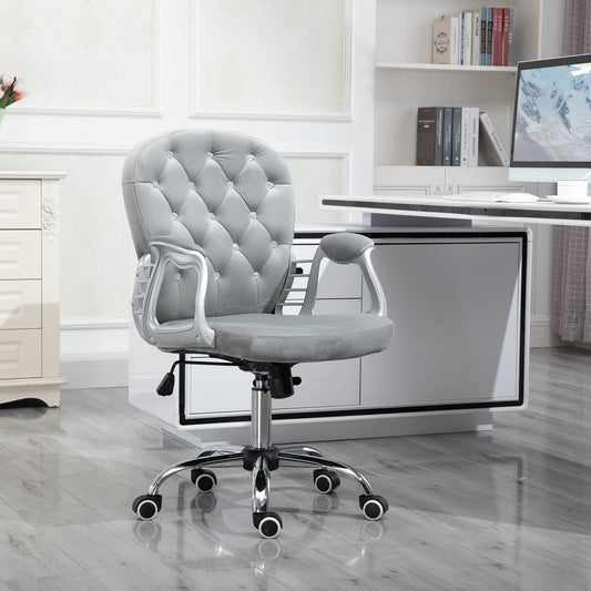 Velour Office Chair Diamante Tufted Padded Ergonomic 360 degree Swivel Base 5 Castor Wheels Grey