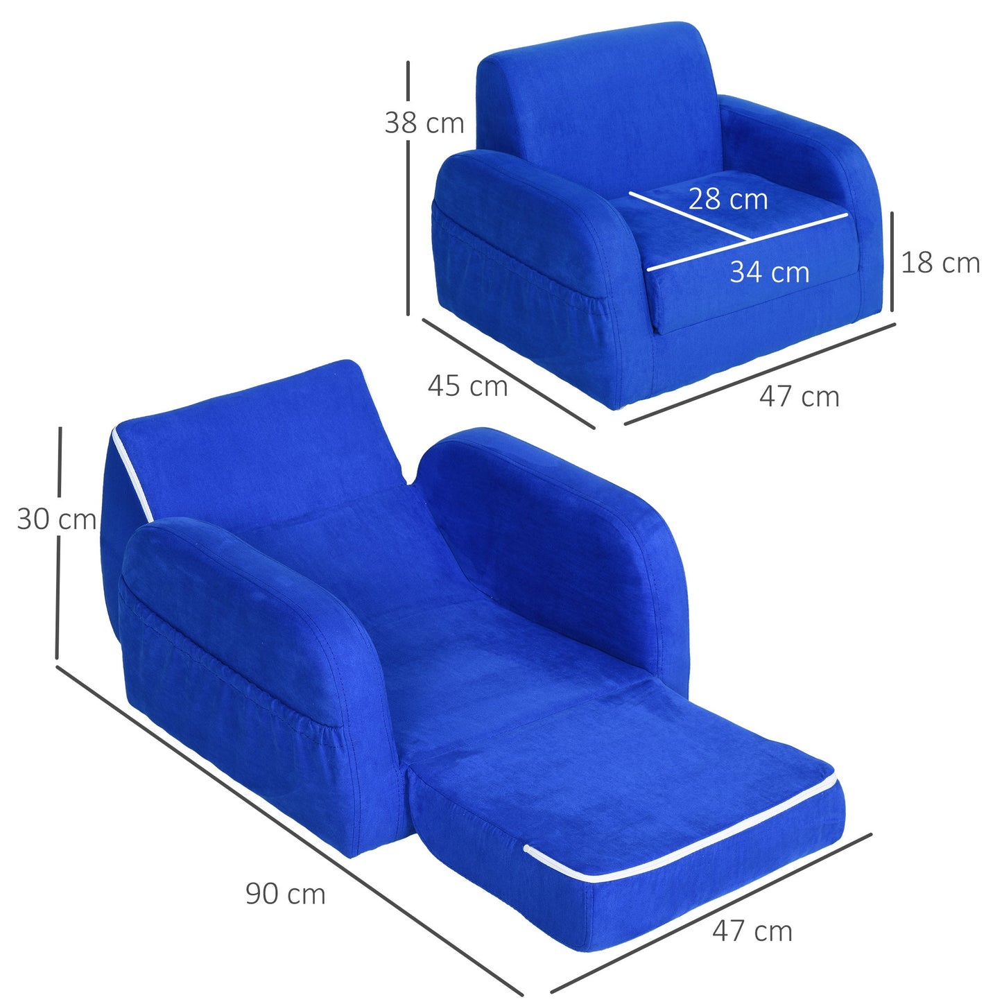 HOMCOM 2 In 1 Kids Children Sofa Chair Bed Folding Couch Soft Flannel Foam Toddler Furniture for 3-4 years old Playroom Bedroom Living Room Blue