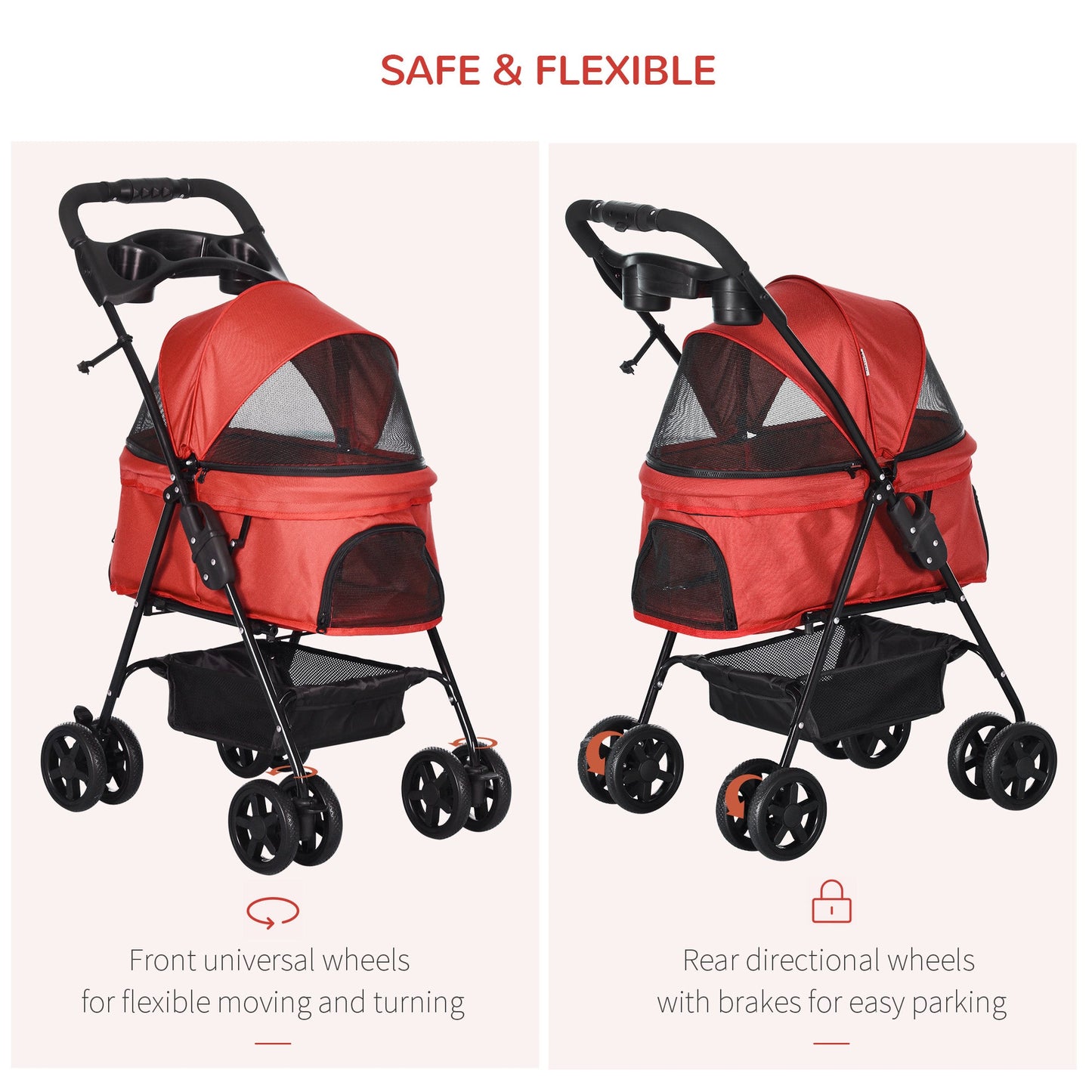 PawHut Dog Stroller with Rain Cover, Dog Pushchair One-Click Fold Trolley Jogger with EVA Wheels Brake Basket Adjustable Canopy Safety Leash for Small Dogs, Red