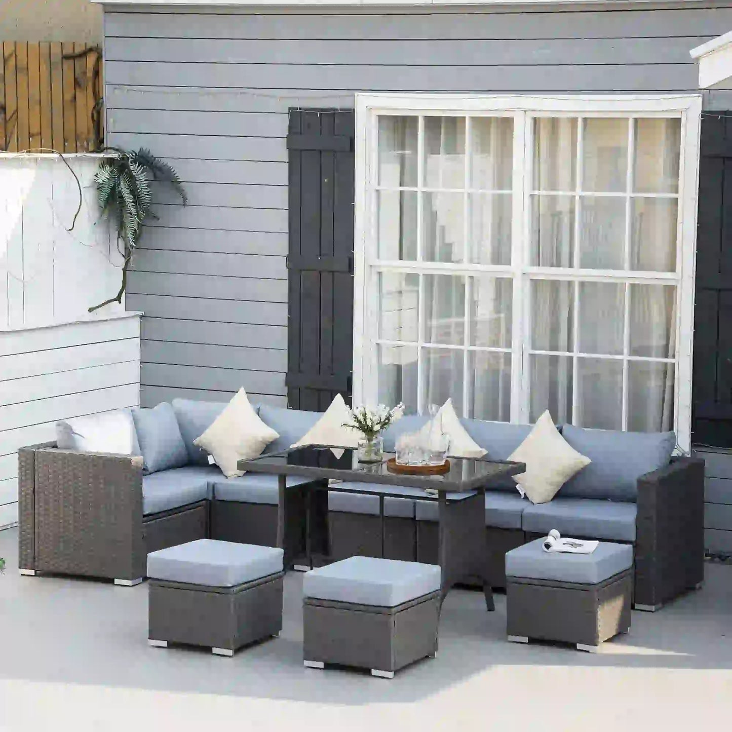 Outsunny 9-Seater Garden Rattan Furniture 10 Pcs Rattan Corner Dining Sofa Set, Grey/Dusty Blue Cushion