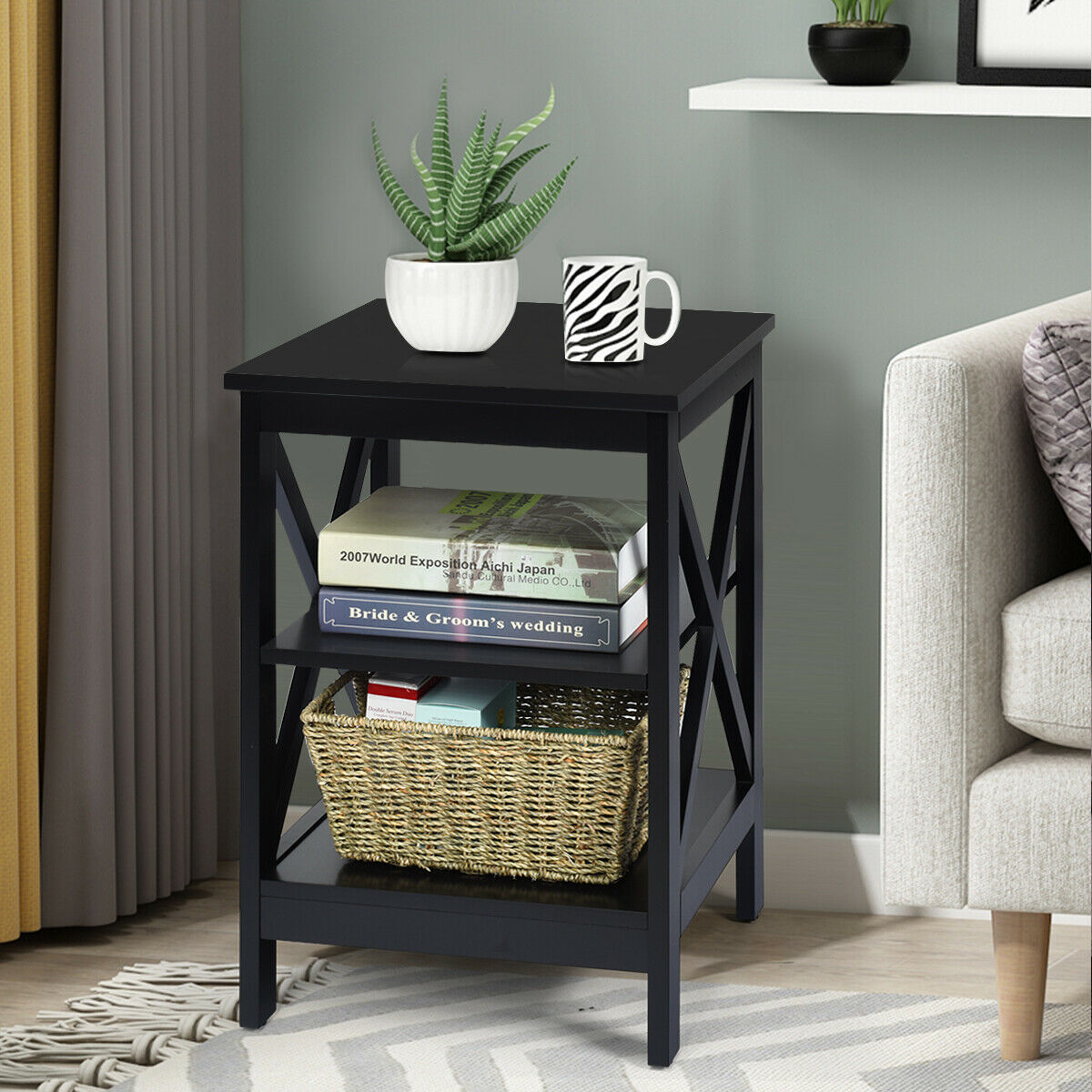 3-Tier Wooden Bedside Table Nightstand Storage Cabinets-Black