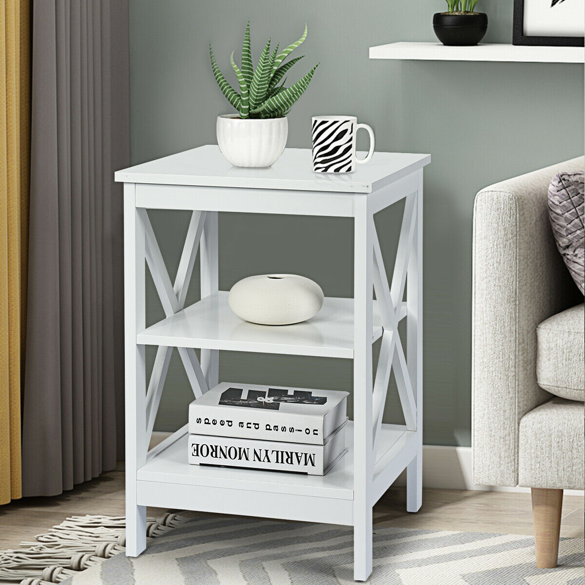 3-Tier Wooden Bedside Table Nightstand Storage Cabinets-White