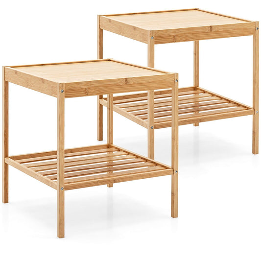 2-tier Bamboo Bedside Tables Set of 2 with Storage Shelf-Natural