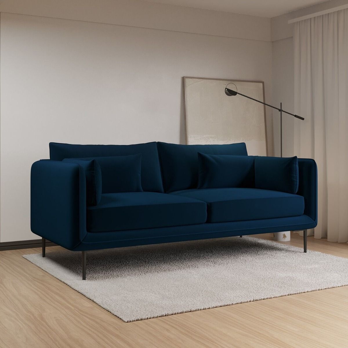 Basildon 3 Seater Velvet Fabric Sofa with Scatter Cushions - Navy Blue