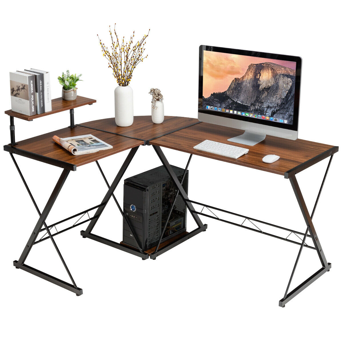 L-Shaped Corner Computer Desk with Monitor Stand and Host Tray