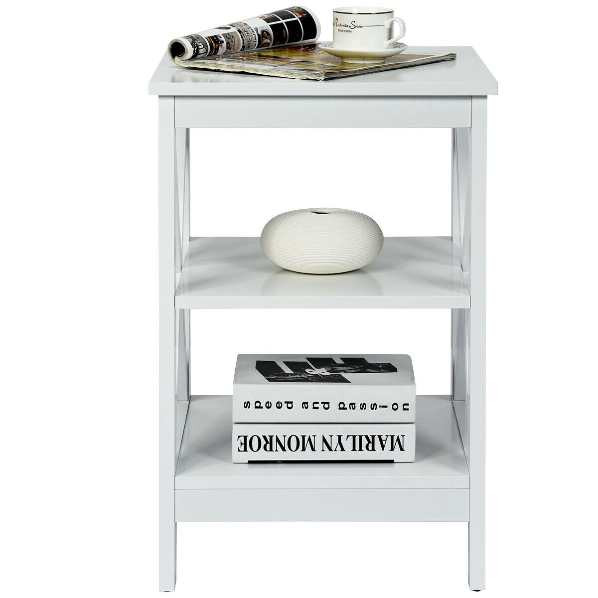 3-Tier Wooden Bedside Table Nightstand Storage Cabinets-White