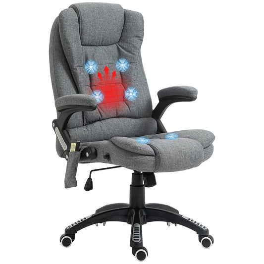 Vinsetto Massage Recliner Chair Heated Office Chair with Six Massage Points Linen-Feel Fabric 360Â° Swivel Wheels Grey