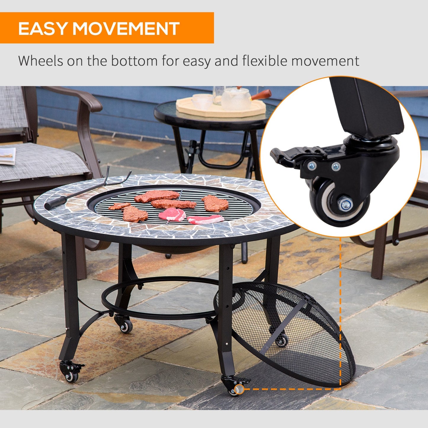 Outsunny 3-in-1 Outdoor Fire Pit on Wheels, Mosaic Garden Table, Patio Heater with Cooking BBQ Grill, Firepit Bowl with Screen Cover, Fire Poker for Backyard Bonfire