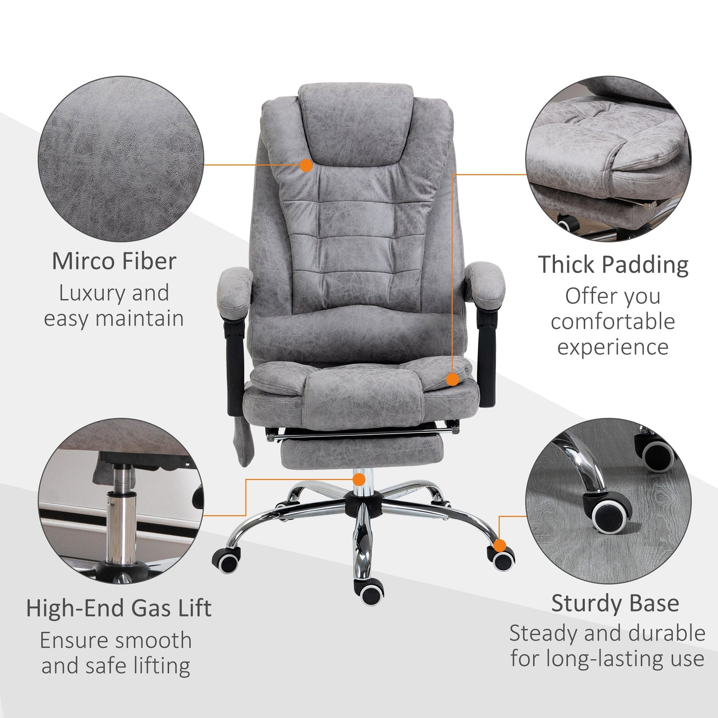 Vinsetto Adjustable Office Chair with High Back Footrest and 6 Points Heating Massage Function - Grey