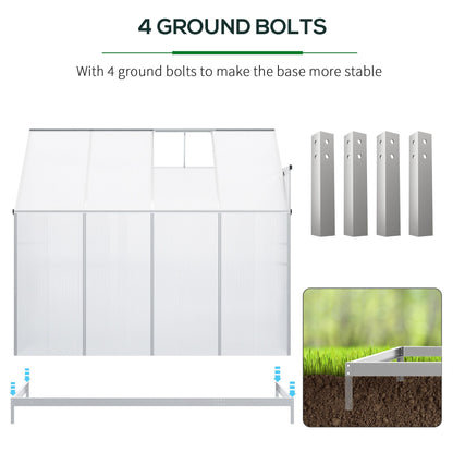 Walk-In Lean to Greenhouse Garden Heavy Duty Aluminium Polycarbonate with Roof Vent for Plants Herbs Vegetables, Silver, 253 x 127 x 220 cm