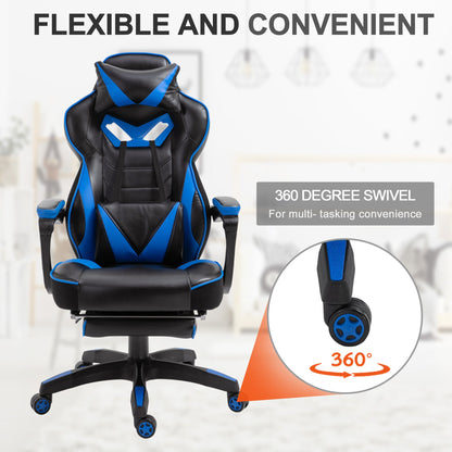 Vinsetto PU Leather Gaming Chair with Footrest and Headrest - Blue/Black