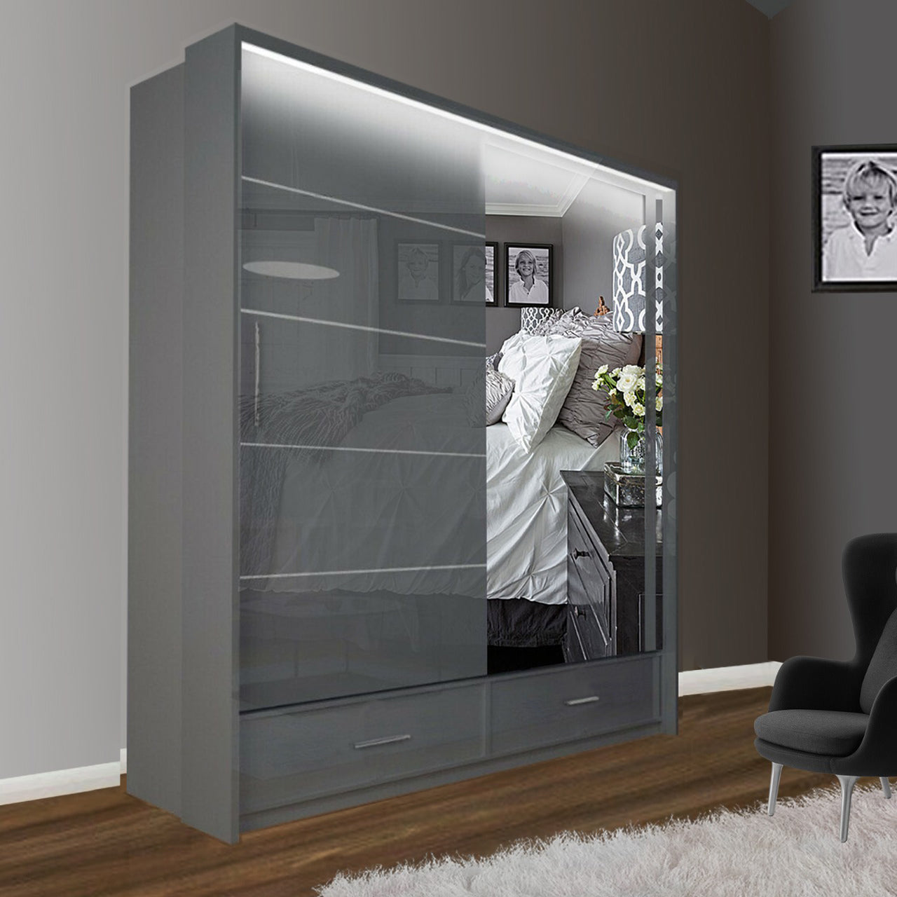 Cecilia High Gloss Black Sliding Wardrobe Grey, White,Black