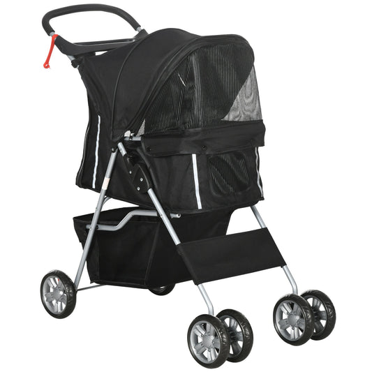 عربة أطفال PawHut Pet Stroller Dog Pushchair قابلة للطي للسفر للكلاب الصغيرة والقطط مع حامل أكواب بسحاب، أسود