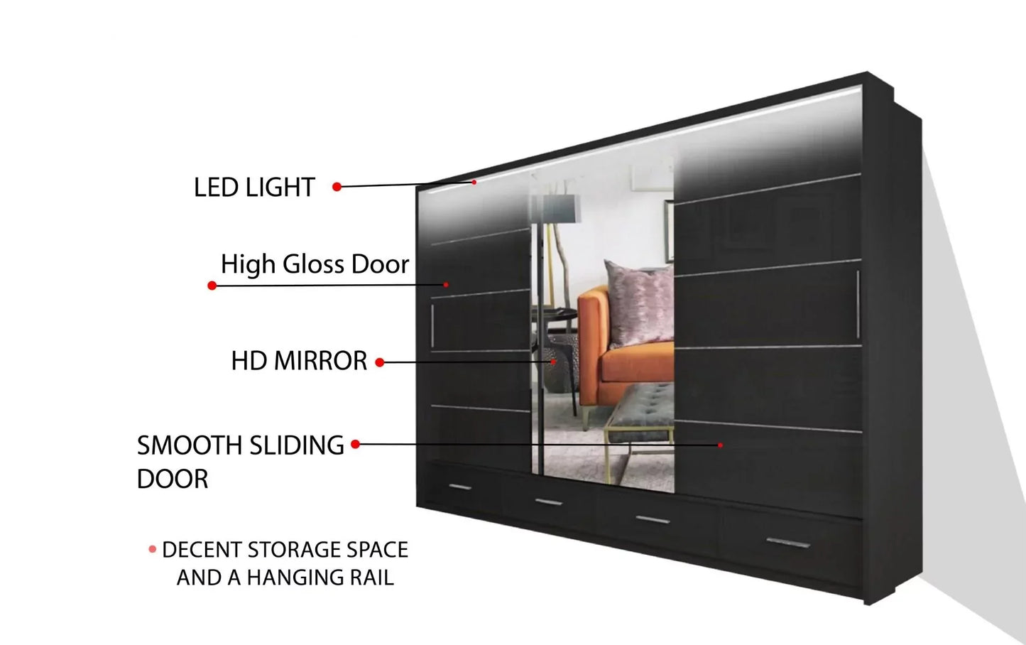 Cecilia Large High Gloss Black Sliding Wardrobe 250cm