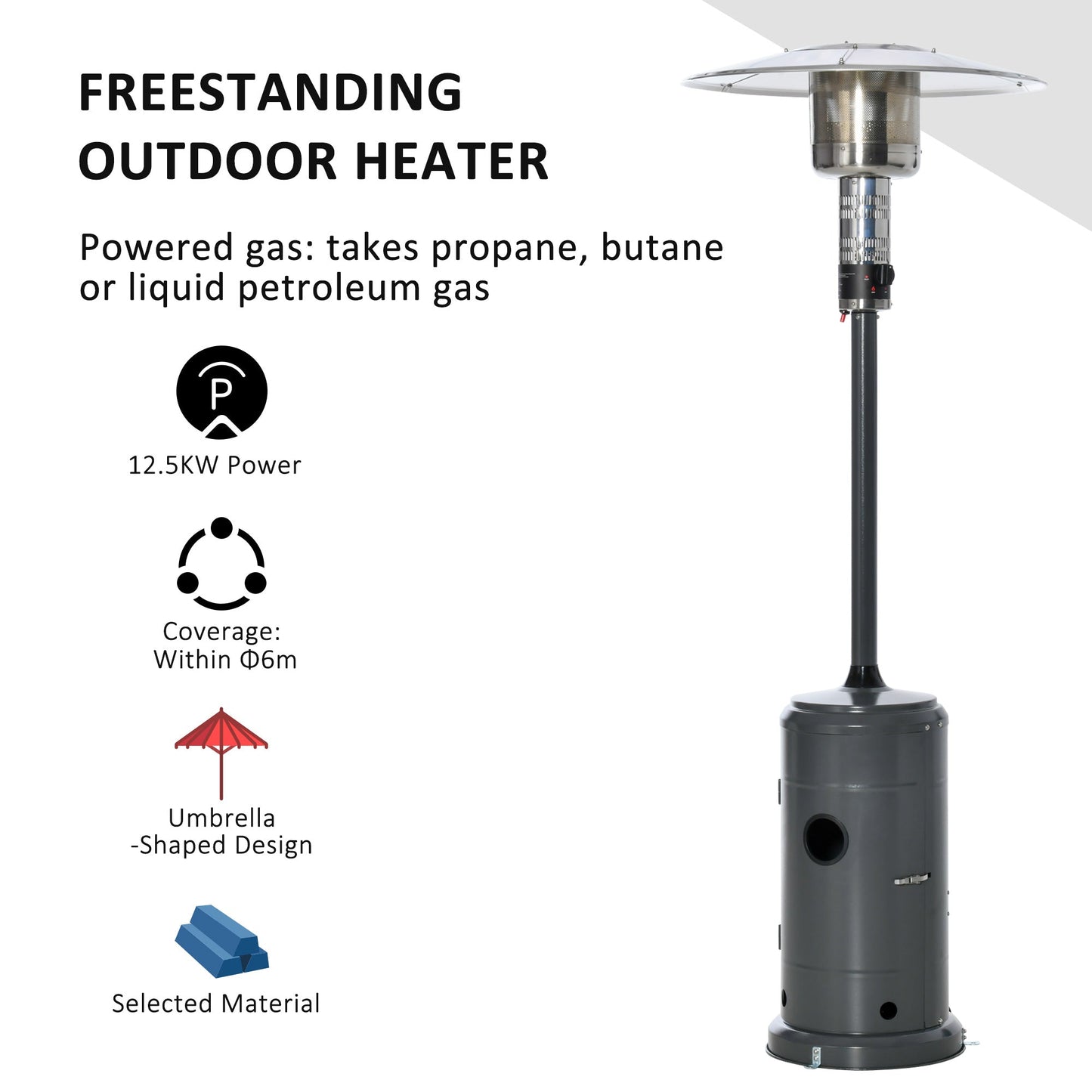 Outsunny 12.5KW Outdoor Gas Patio Heater with Wheels, Dust Cover, Regulator and Hose - Charcoal Grey