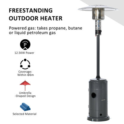 Outsunny 12.5KW Outdoor Gas Patio Heater with Wheels, Dust Cover, Regulator and Hose - Charcoal Grey