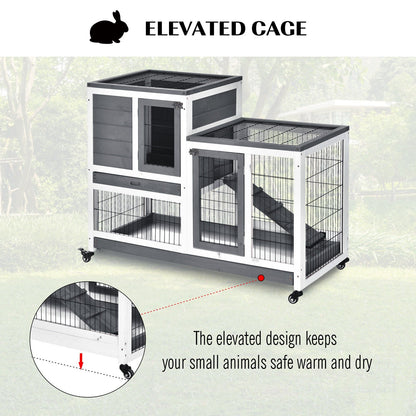 PawHut Wooden Indoor Rabbit Hutch Guinea Pig House Bunny Small Animal Cage W/ Wheels Enclosed Run 110 x 50 x 86 cm, Grey
