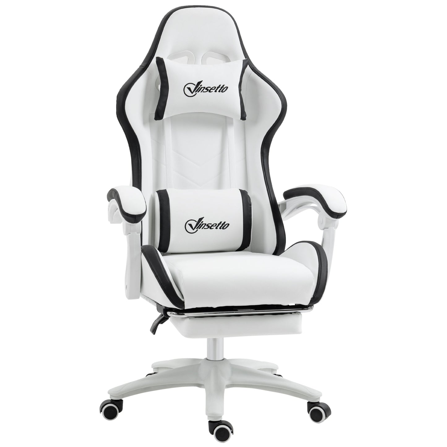 Vinsetto Reclining PU Leather Gaming Chair with Footrest, Removable Headrest and Lumber Support - White/Black