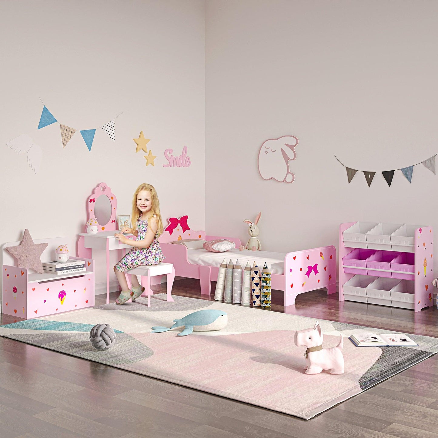 ZONEKIZ Kids Vanity Set w/ Mirror, Drawer, Cute Patterns, for Girls - Pink