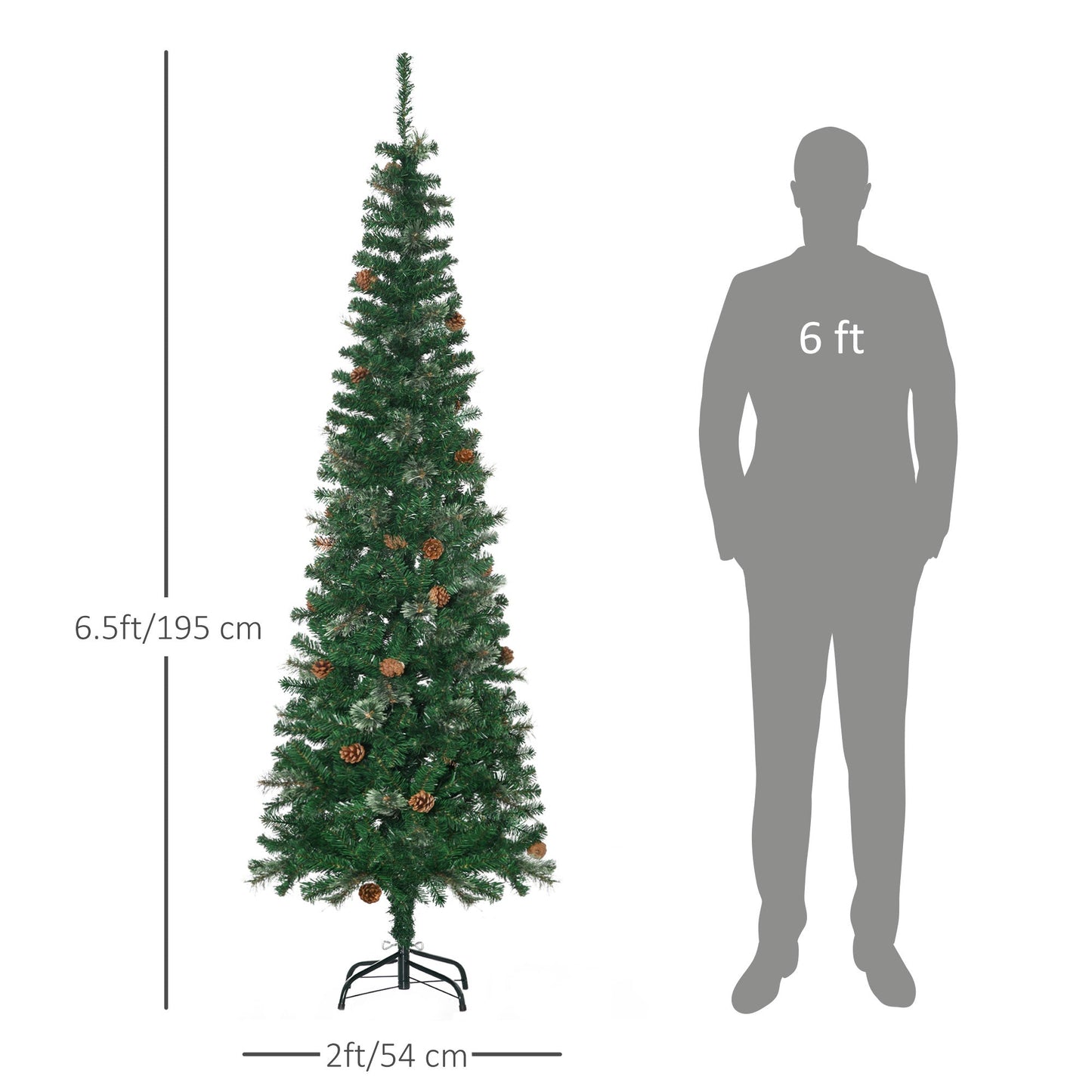 HOMCOM 6.5FT Tall Pencil Slim Artificial Christmas Tree with Realistic Branches, 556 Tip Count and 27 Pine Cones, Green