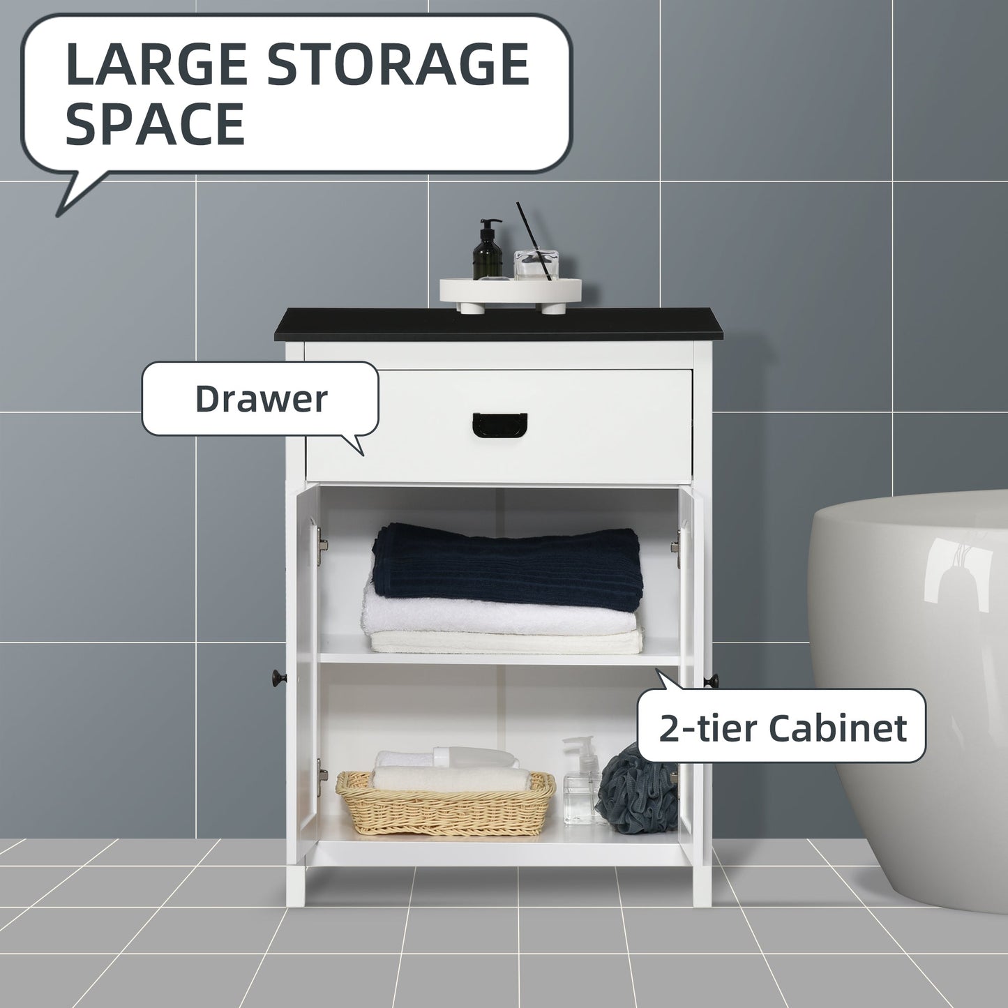 kleankin Bathroom Cabinet, Bathroom Storage Unit with Drawer, Double Door Cabinet, Adjustable Shelf for Living Room, White