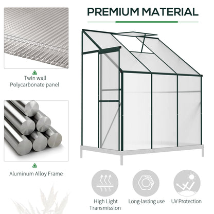 Walk-In Lean to Greenhouse Garden Heavy Duty Aluminium Polycarbonate with Roof Vent for Plants Herbs Vegetables, Green, 192 x 127 x 220 cm