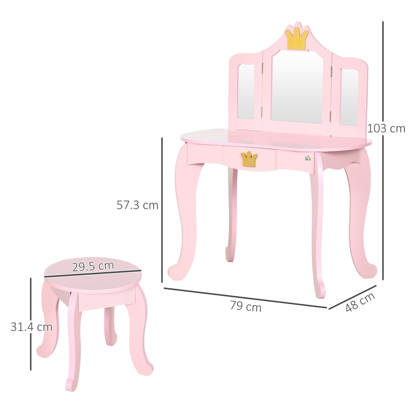ZONEKIZ Kids Dressing Table with Mirror and Stool, Kids Vanity Set, Girl Makeup Desk, Pink