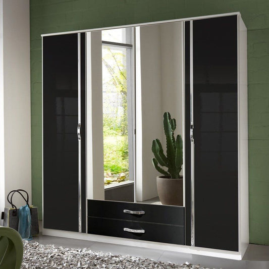 Tiya 4 Door 2 Drawer Mirrored Gloss Wardrobe - White & Black