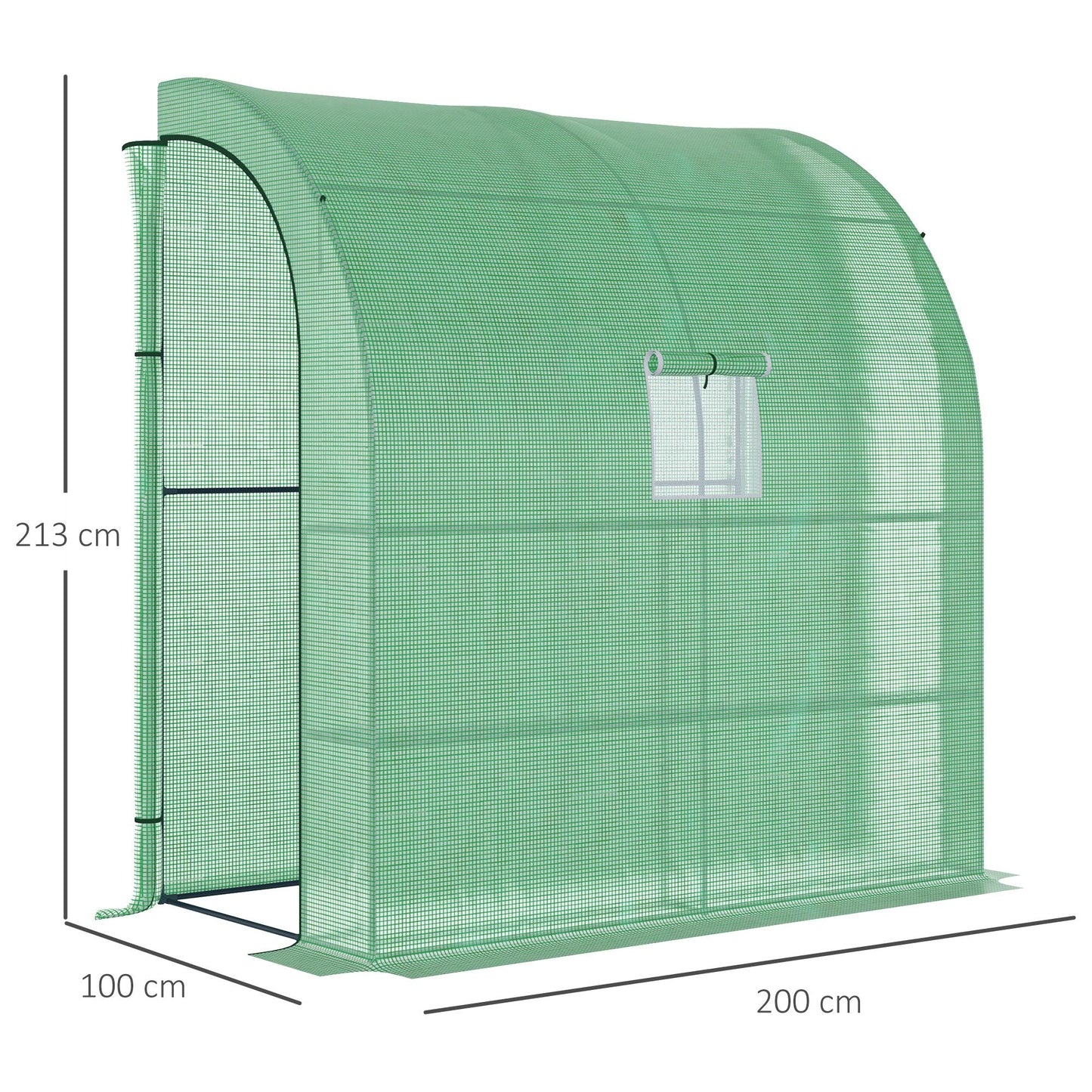 Walk-In Lean to Wall Greenhouse with Windows and Doors 2 Tiers 4 Wired Shelves 200L x 100W x 213Hcm Green