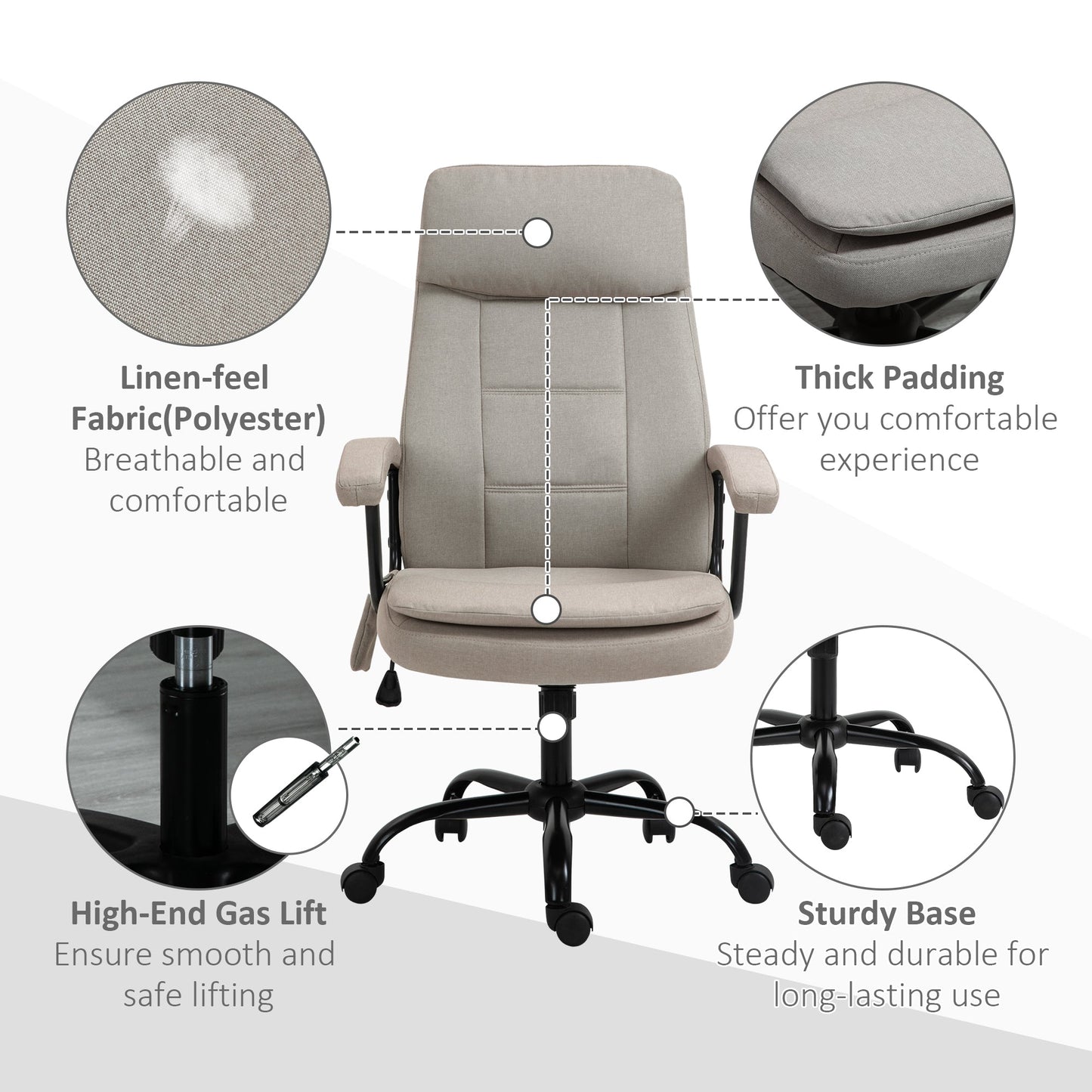 Vinsetto 2-Point Massage Office Chair Linen-Look Ergonomic Adjustable Height Rocking Comfortable Executive Seat, Beige